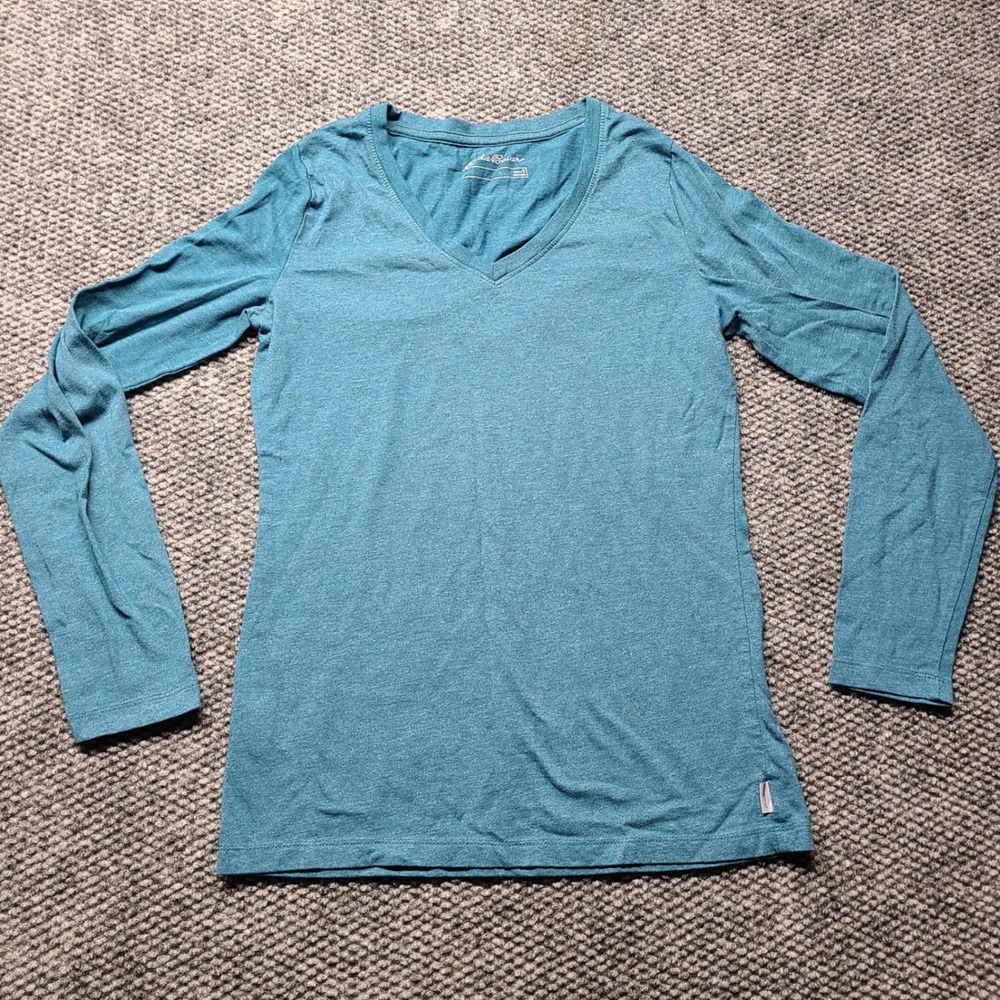 Eddie Bauer Womens Teal Heather V-Neck Long Sleeve T-Shirt Size S